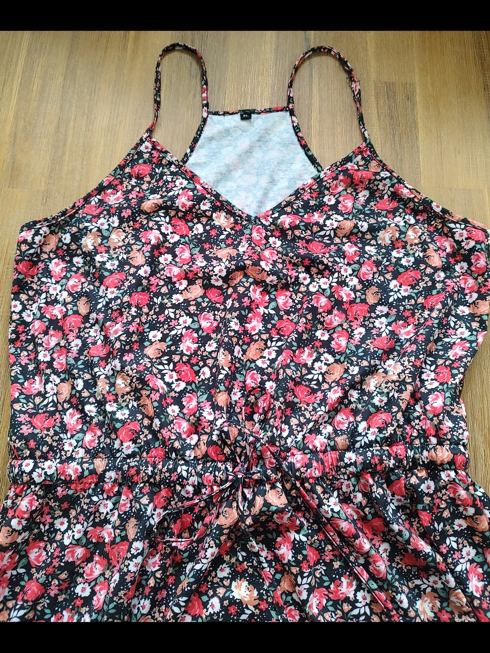 Floral Tiered Spaghetti Strap Sundress - Black with Pink Roses - Picture 2 of 3